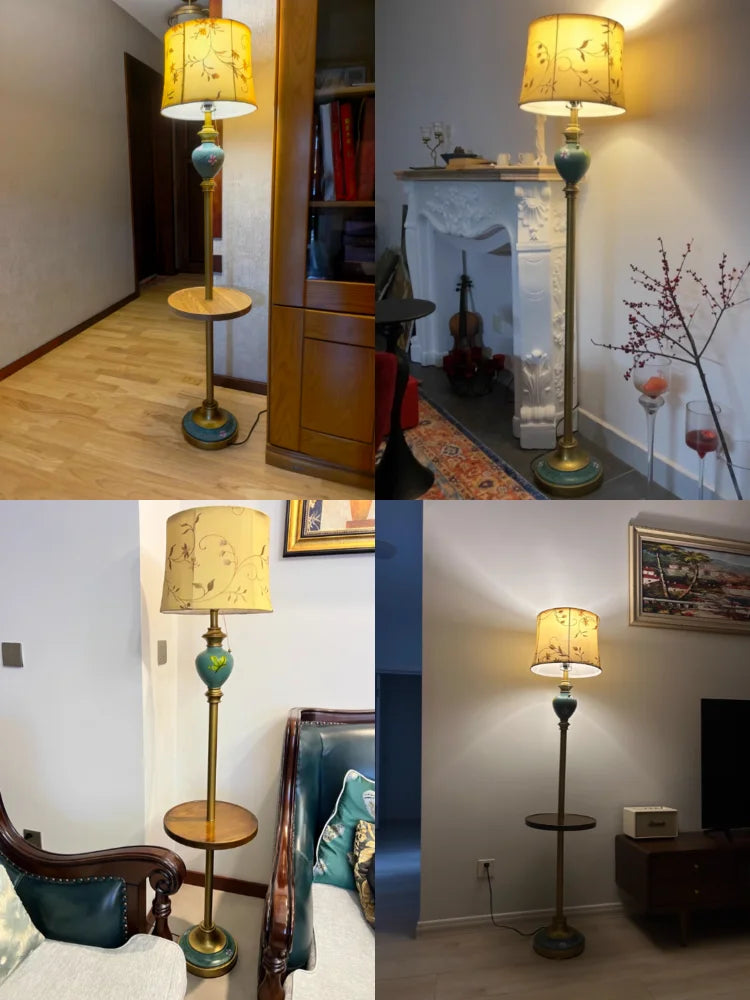 European Luxury Retro Fabric Floor Lamp with Storage Rack LED