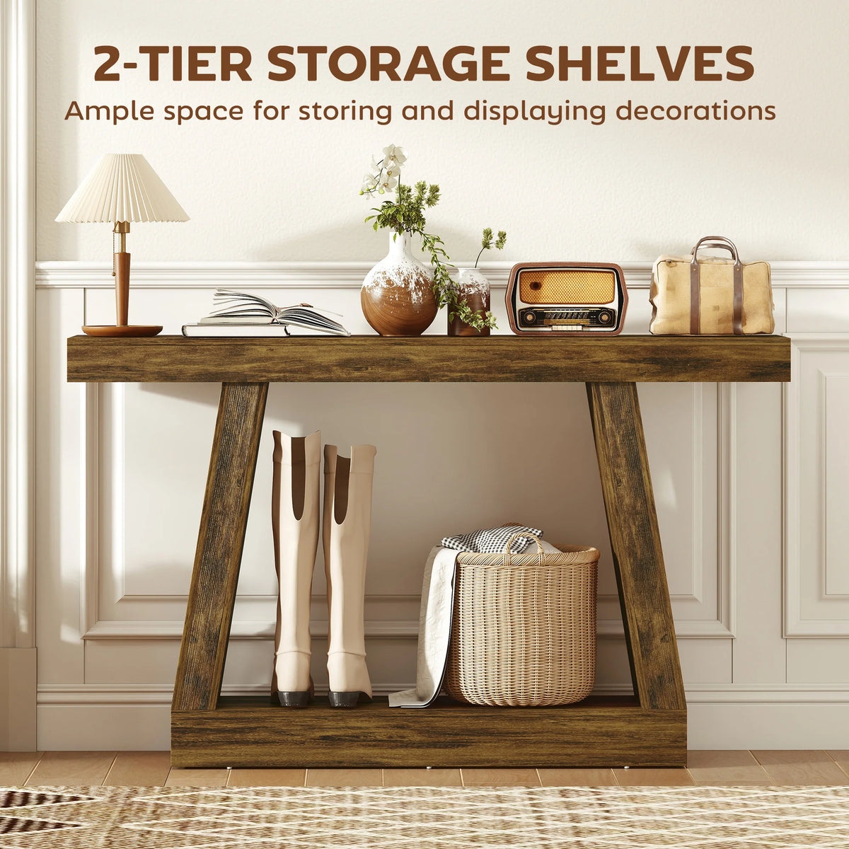55.1" Narrow Entryway Table 2-Tier Console Table with Thickened Tabletop Storage Shelf Trapezoidal Base Rustic Brown