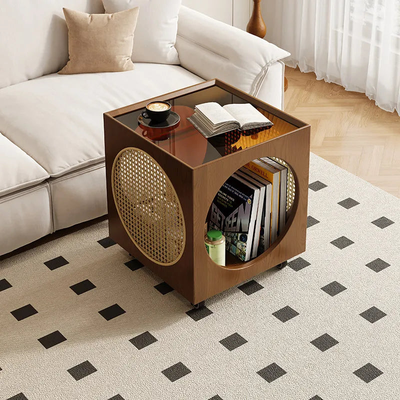 Round Rattan Glass Top Storage Coffee Table for Living Room
