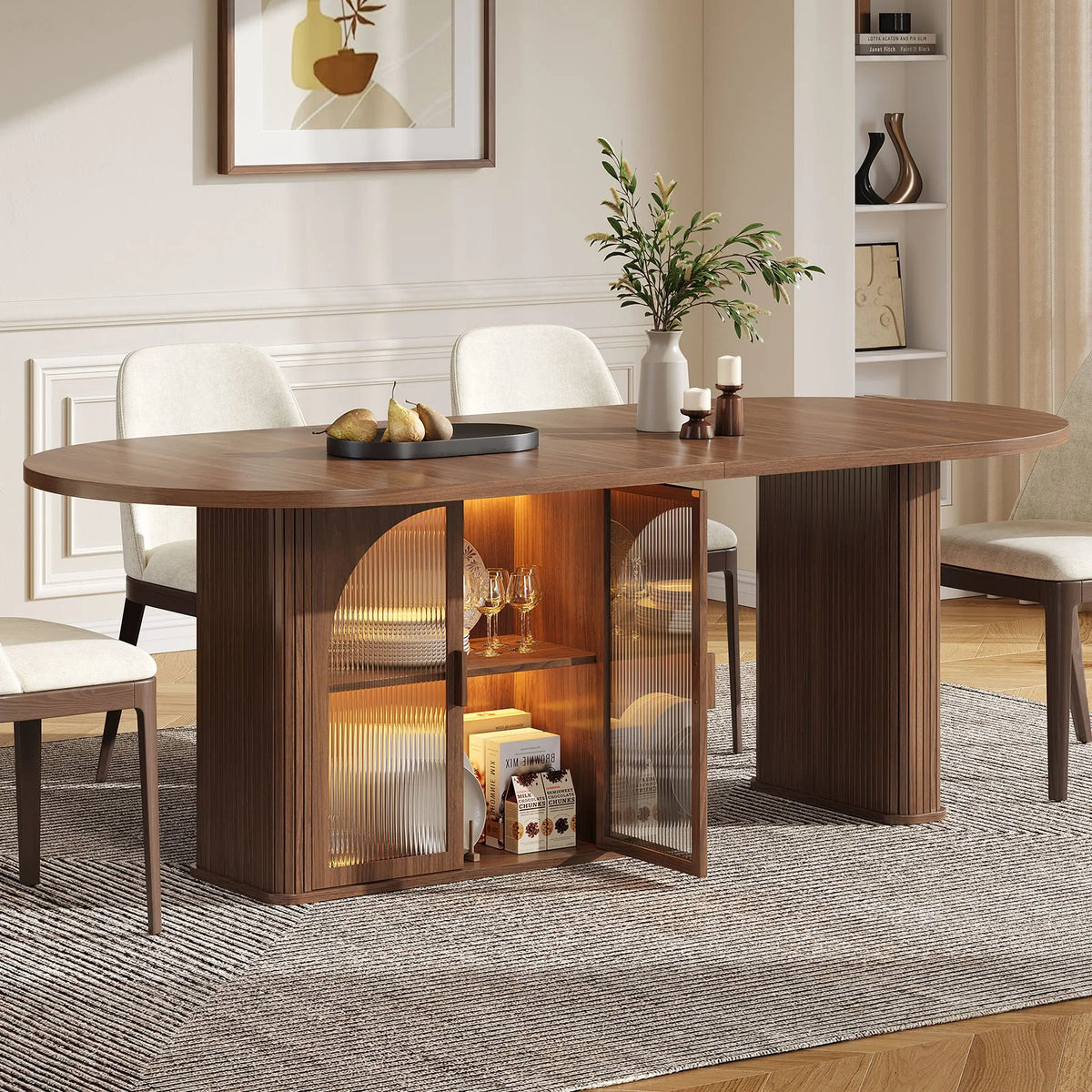 177.8cm Oval Dining Table for 6 to 8 People with Storage LED Light