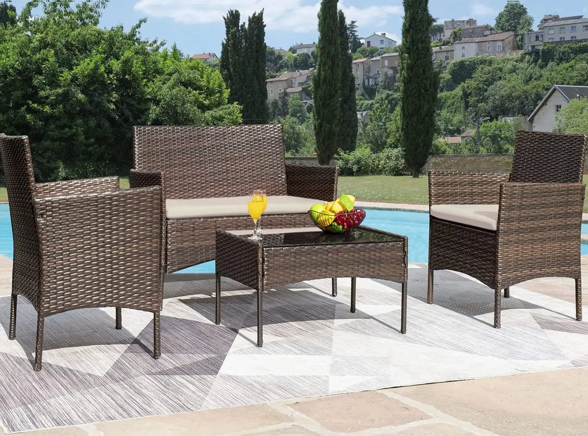 4-Piece PE Wicker Patio Conversation Set with Glass Coffee Table