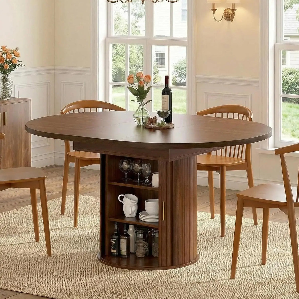Modern Extendable Round Dining Table with Storage Cabinet