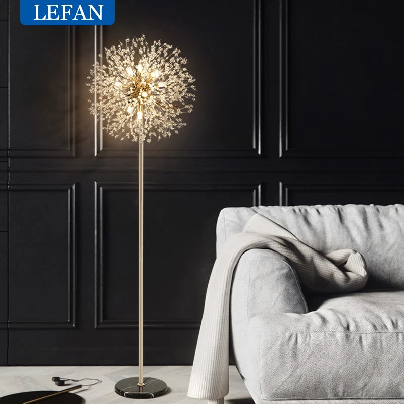 Modern Crystal LED Dandelion Floor Lamp Gold Chrome for Living Room Dining Room