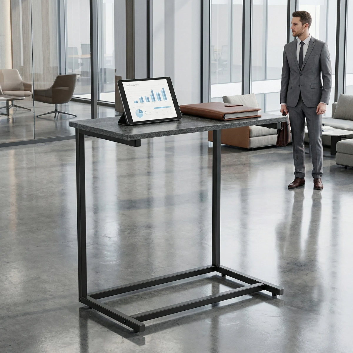 C-Shaped Metal Frame Wooden Side Table 68.6 cm High