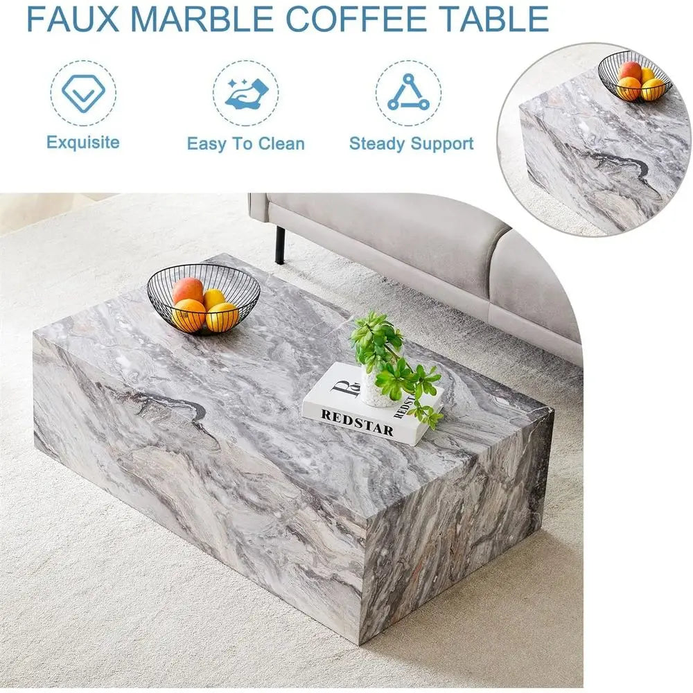 100cm Modern Rectangular Coffee Table Faux Grey Marble Wood Base