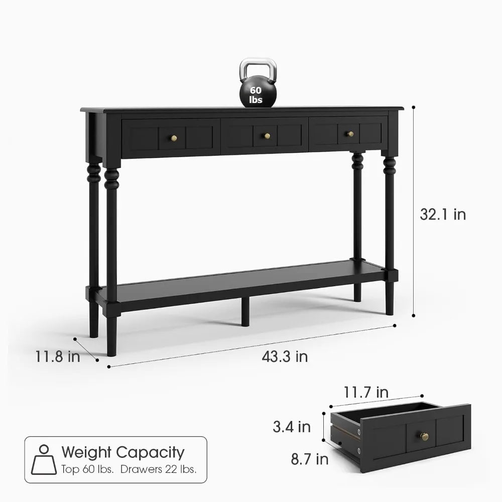 43-Inch Narrow Console Table with Drawers and Shelf Solid Wood Legs Entryway Behind Couch Furniture