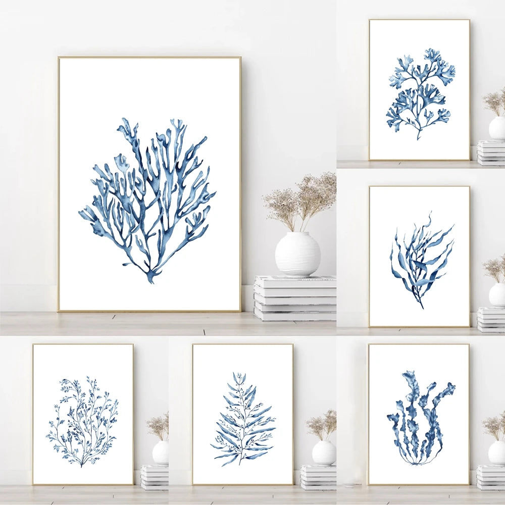 Coastal Blue Coral Watercolor Canvas Painting Poster for Home Decor