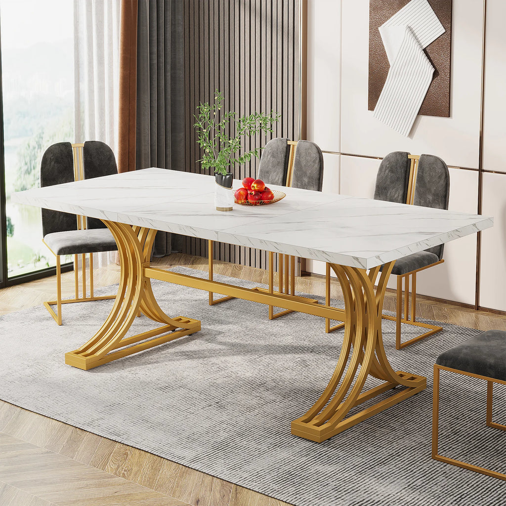 Modern Rectangular Dining Table with Faux Marble Top and Metal Base