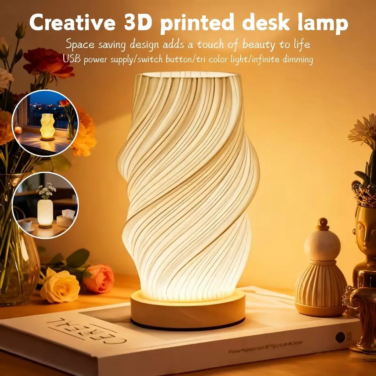 3D Printed Solid Wood Night Light Elegant Desk Lamp