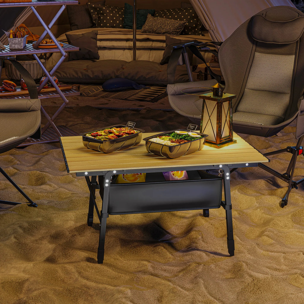 Height Adjustable Folding Camping Table with Storage Basket Portable Aluminum Outdoor Table 90 cm x 55 cm