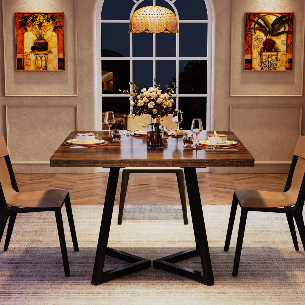 Square Industrial Dining Table with Wooden Top and Metal Base