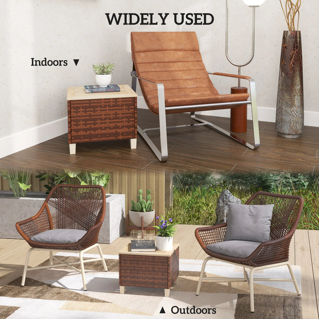Outdoor PE Rattan Side Table with Wood Top Brown