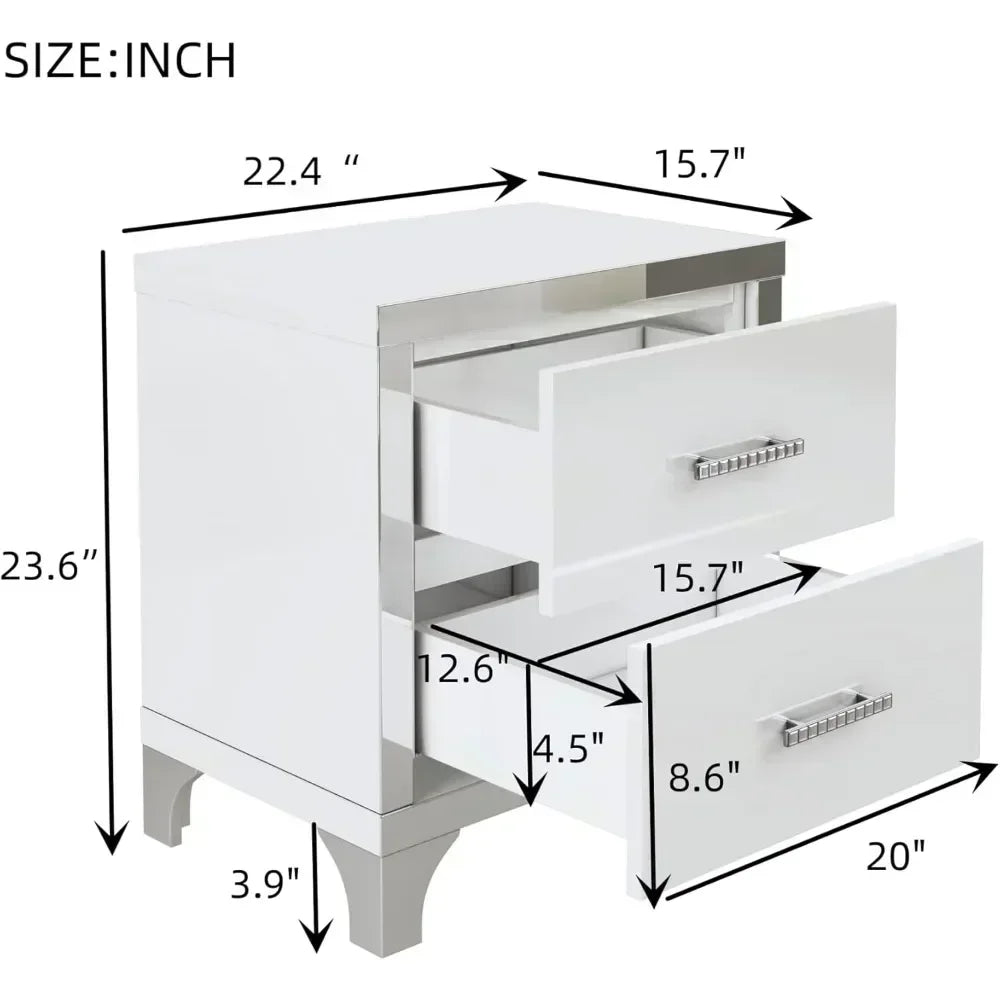 Modern White 2-Drawer High Gloss Nightstand with Metal Legs