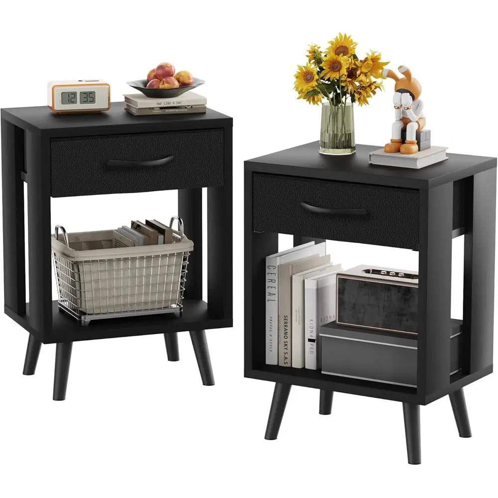 61cm Nightstand Set of 2 with Fabric Drawers Open Wood Shelves End Table