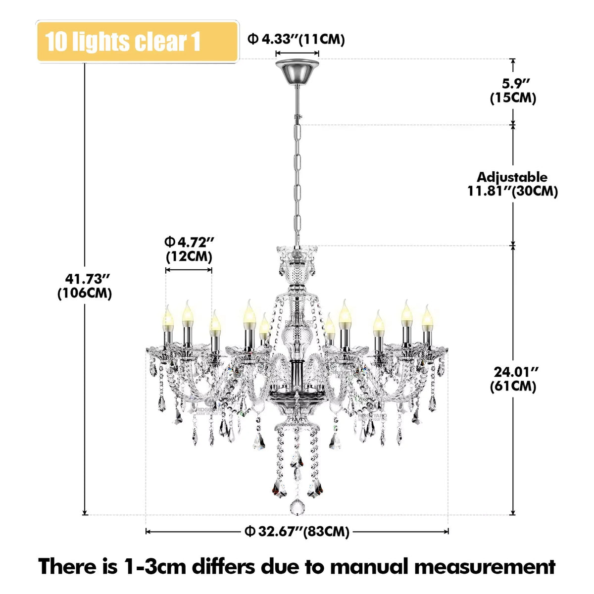 10-Light Clear Cognac Crystal Chandelier Ceiling Light Gold