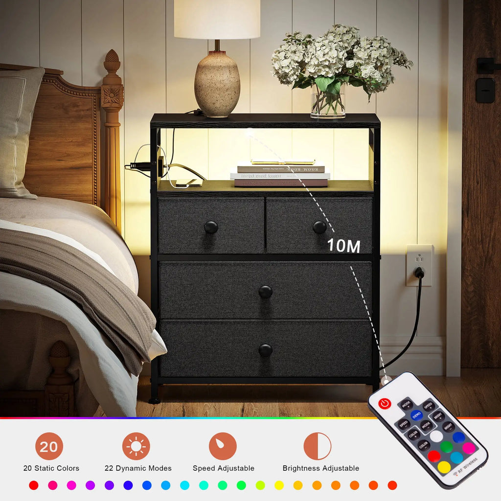 56cm LED Nightstand with 4 Fabric Drawers Charging Station Storage Shelf