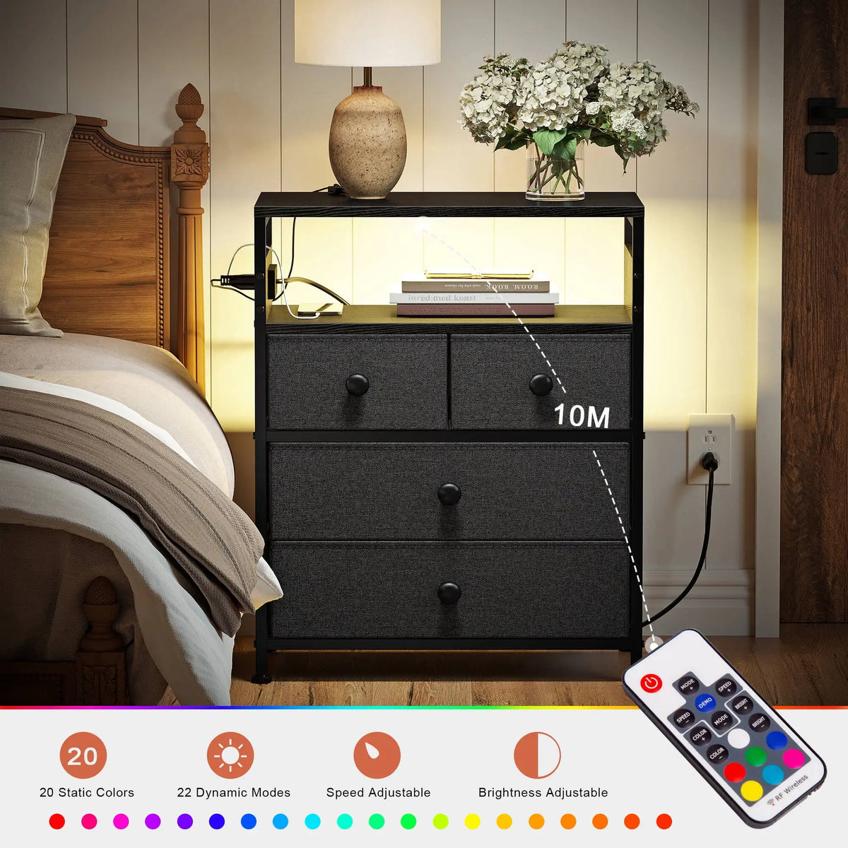 56cm LED Nightstand with 4 Fabric Drawers Charging Station Storage Shelf