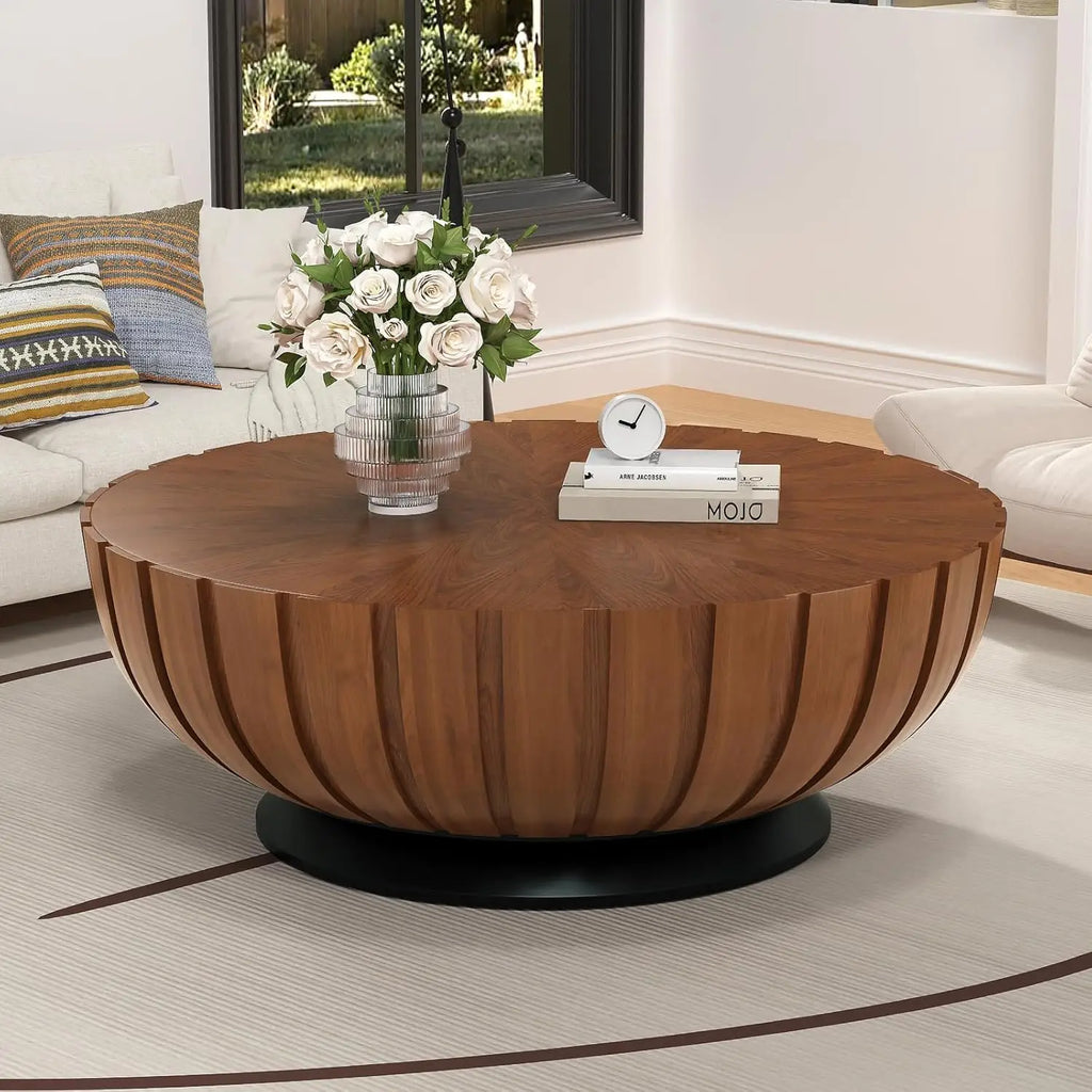 35.4 in Walnut Round Fluted Coffee Table with Drum Base