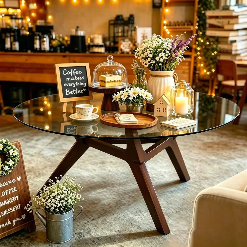 80cm Modern Round Clear Tempered Glass Coffee Table Walnut Wood Base