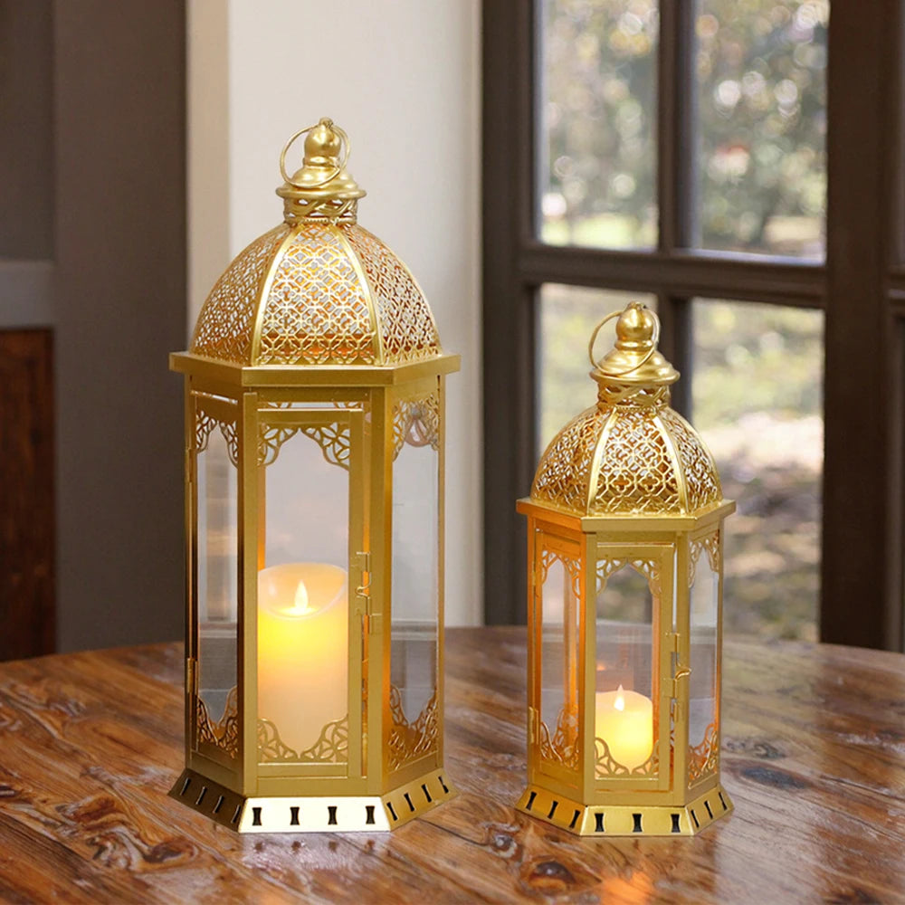 Vintage Gold Metal Candle Lantern Tabletop Ornament for Home Decor