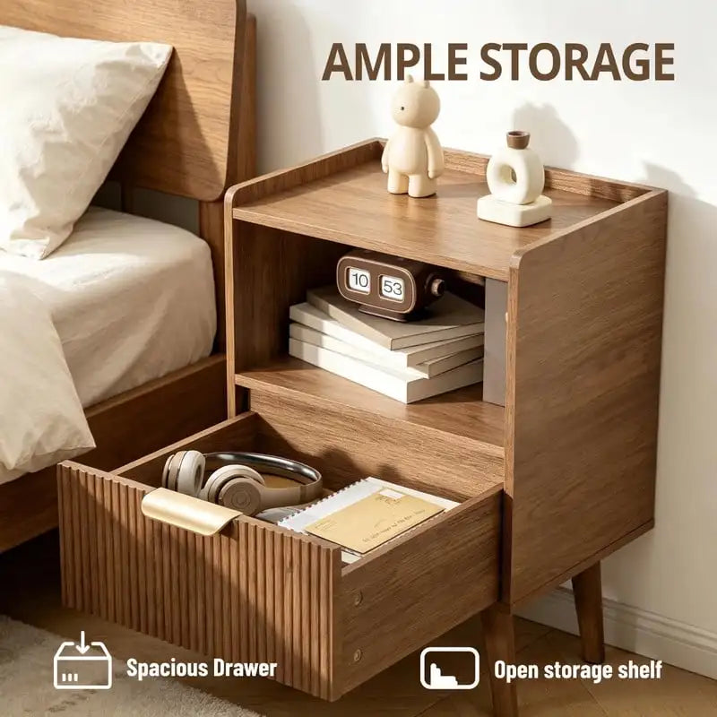 Mid-Century Modern Nightstand with Fluted Drawer Bedside Table Walnut Brown