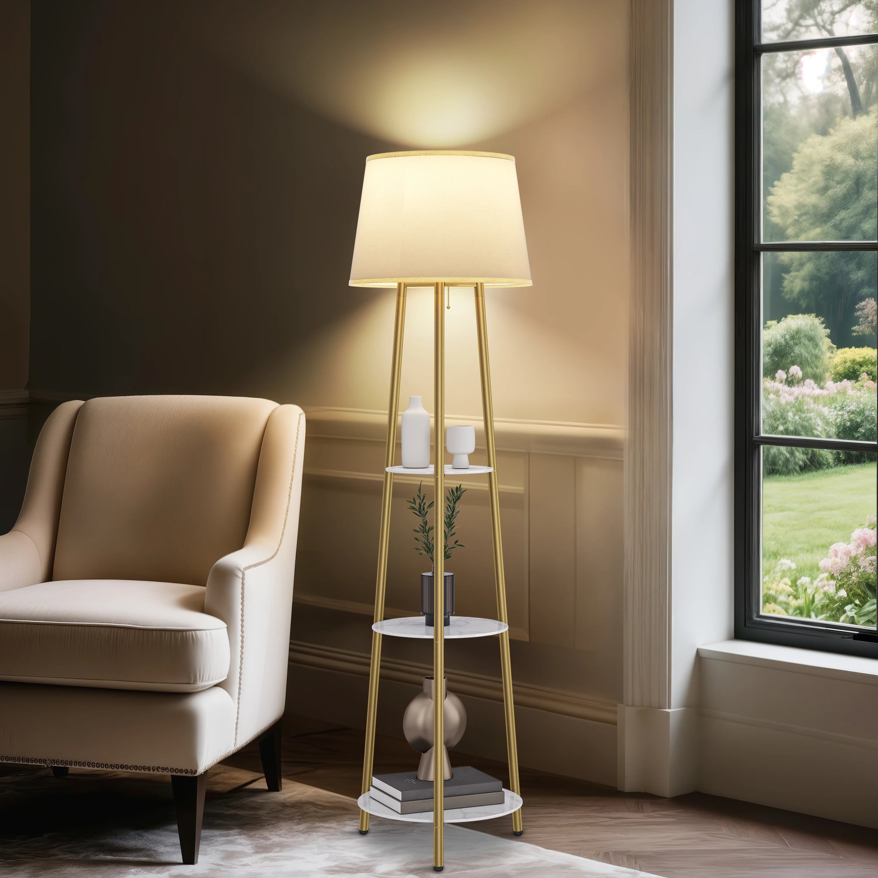 Modern Tripod Floor Lamp Free Standing Light Shade with Shelf Storage for Bedroom Living Room