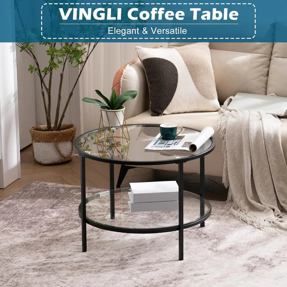 65cm Modern Round Glass Coffee Table 2-Tier Living Room Storage Table Black
