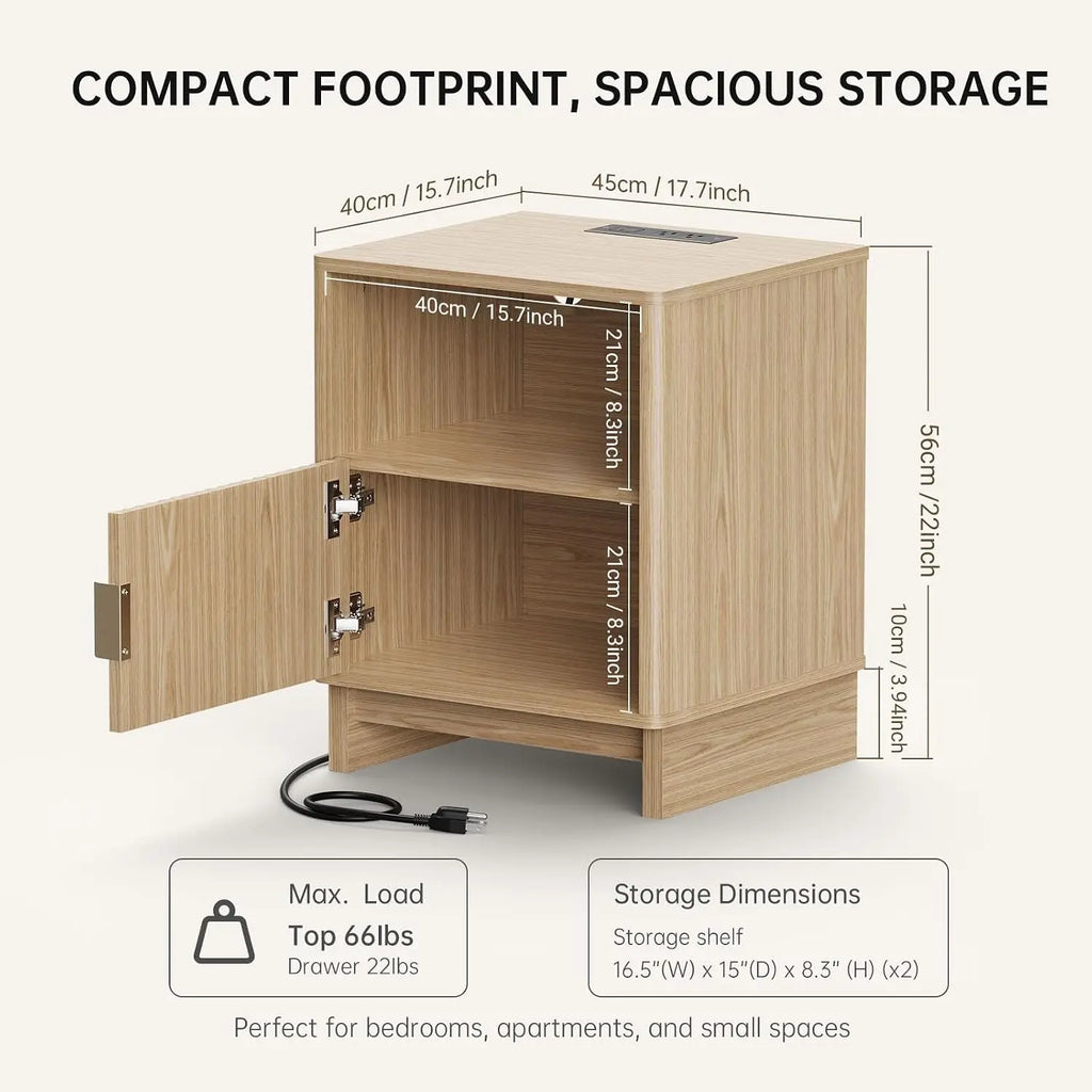 Fluted Wooden Nightstand with USB-C Charging Station and Open Shelf