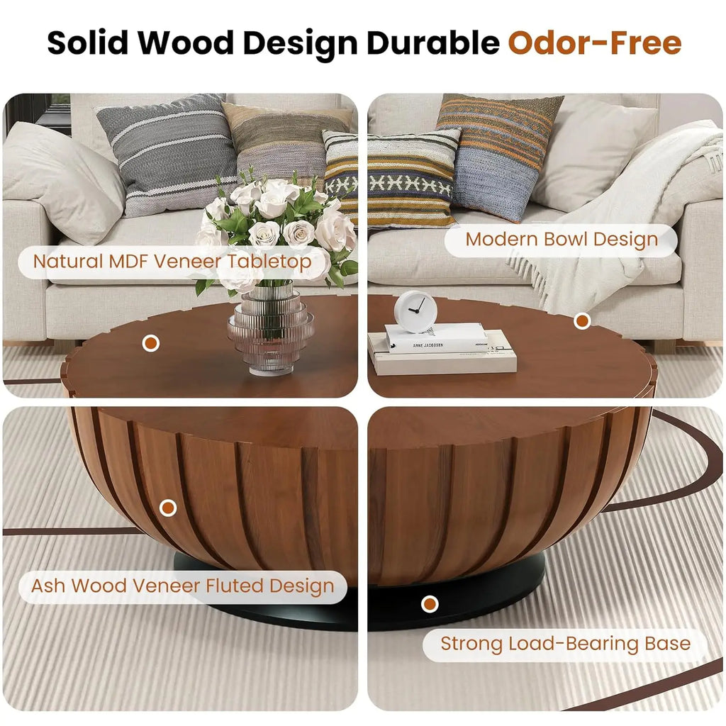 35.4 in Walnut Round Fluted Coffee Table with Drum Base