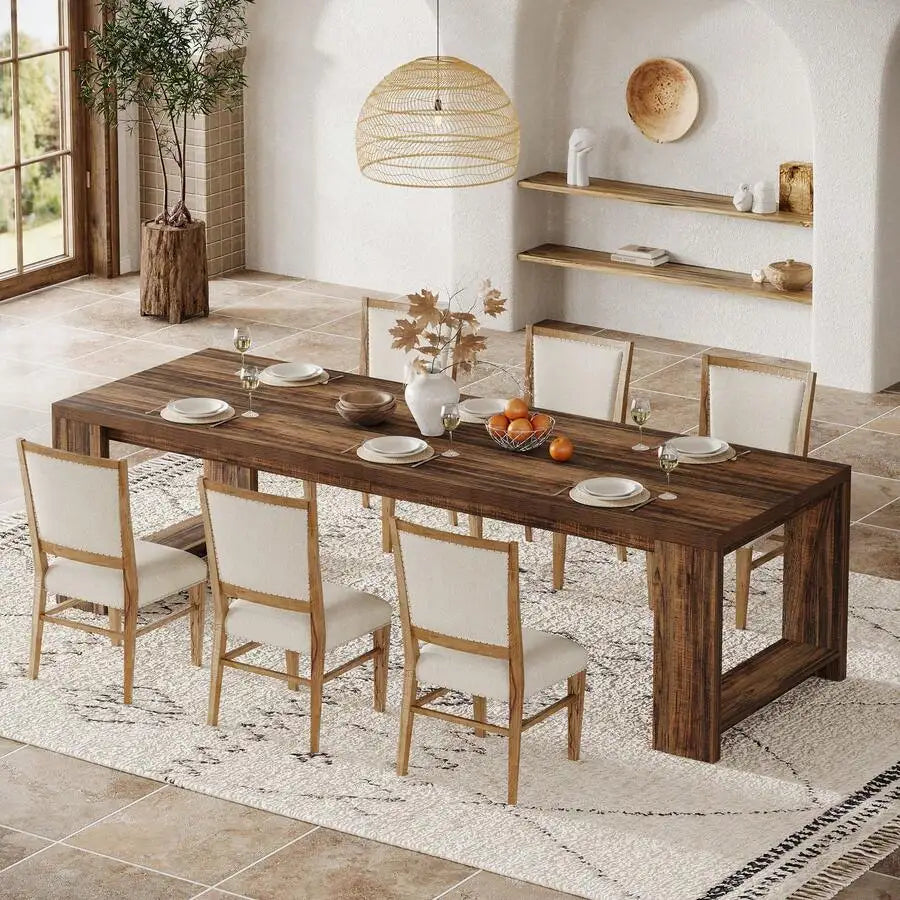 220cm Farmhouse Rectangular Dining Table with Wooden Pedestal Base