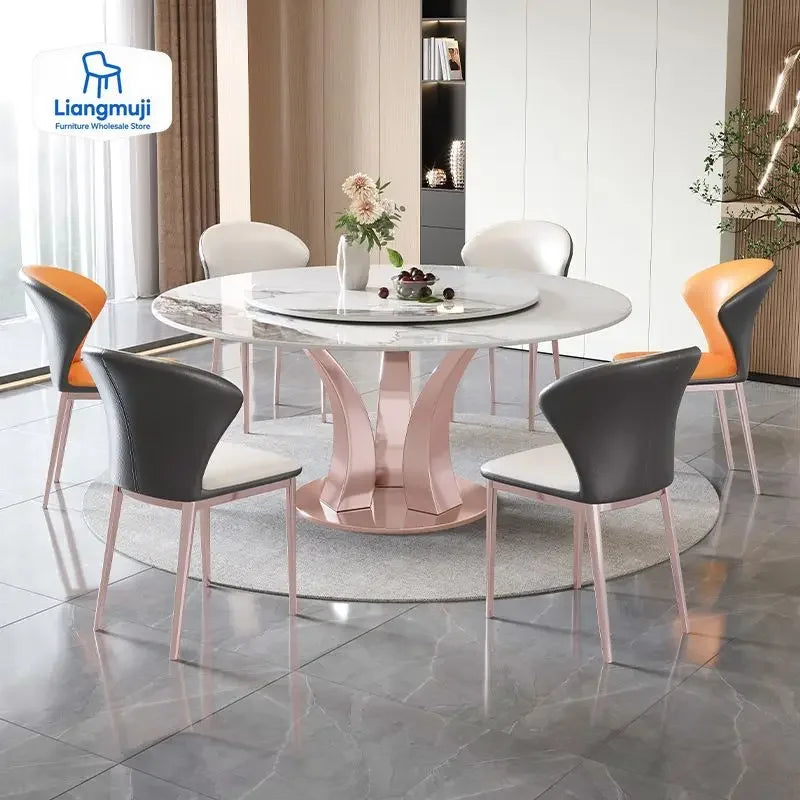 Modern Round Dining Table with Turntable Minimalist Stainless Steel Base