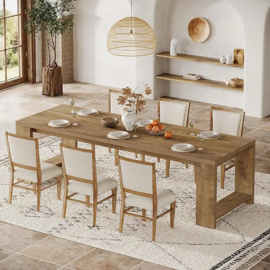 220cm Farmhouse Rectangular Dining Table with Wooden Pedestal Base