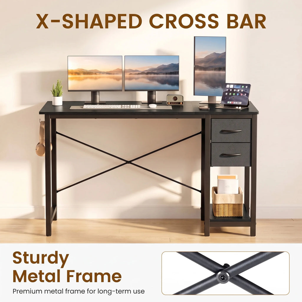 40 Inch Standing Office Desk with Drawers and Side Hook Ergonomic Gaming Desk with Storage X-Frame Stability for Home Office Small Space