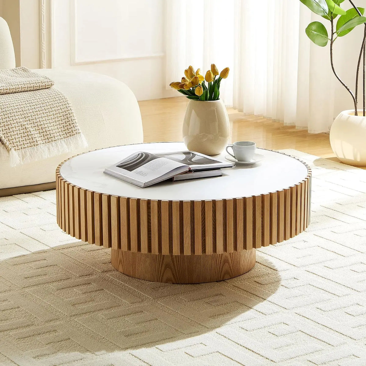 80 cm Modern Round Coffee Table with Sintered Stone Top Wood Veneer Tiered Base Living Room Furniture