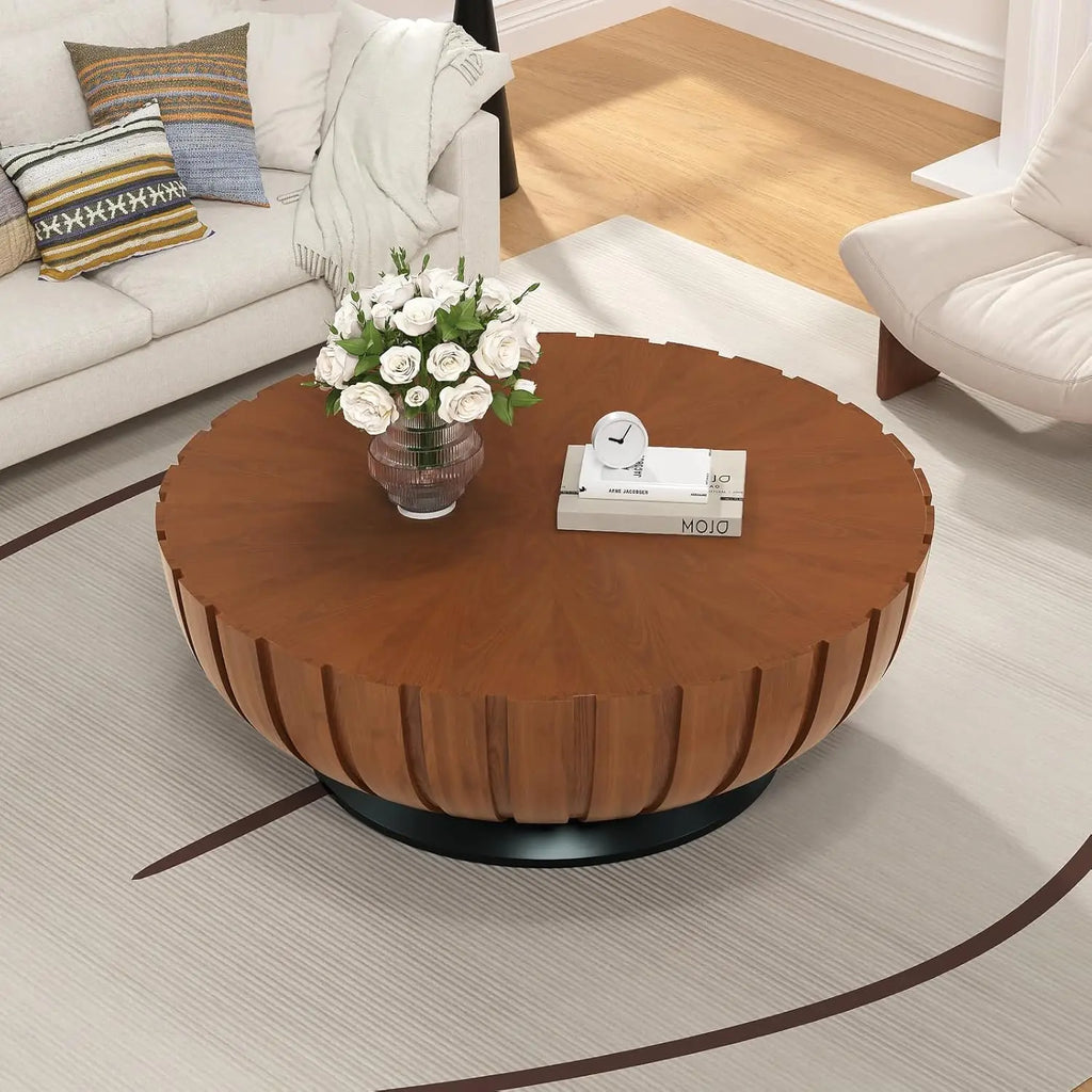 35.4 in Walnut Round Fluted Coffee Table with Drum Base