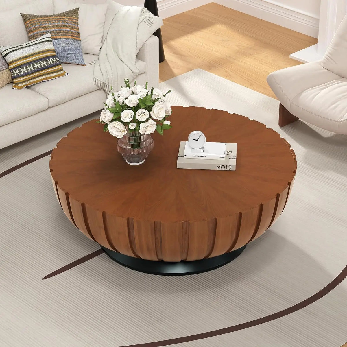 35.4 in Walnut Round Fluted Coffee Table with Drum Base