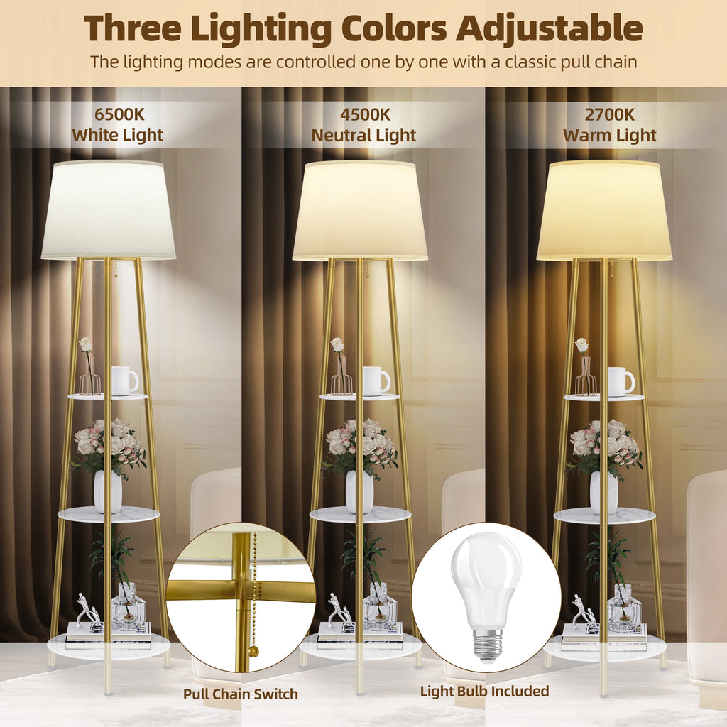 Modern Tripod Floor Lamp Free Standing Light Shade with Shelf Storage for Bedroom Living Room