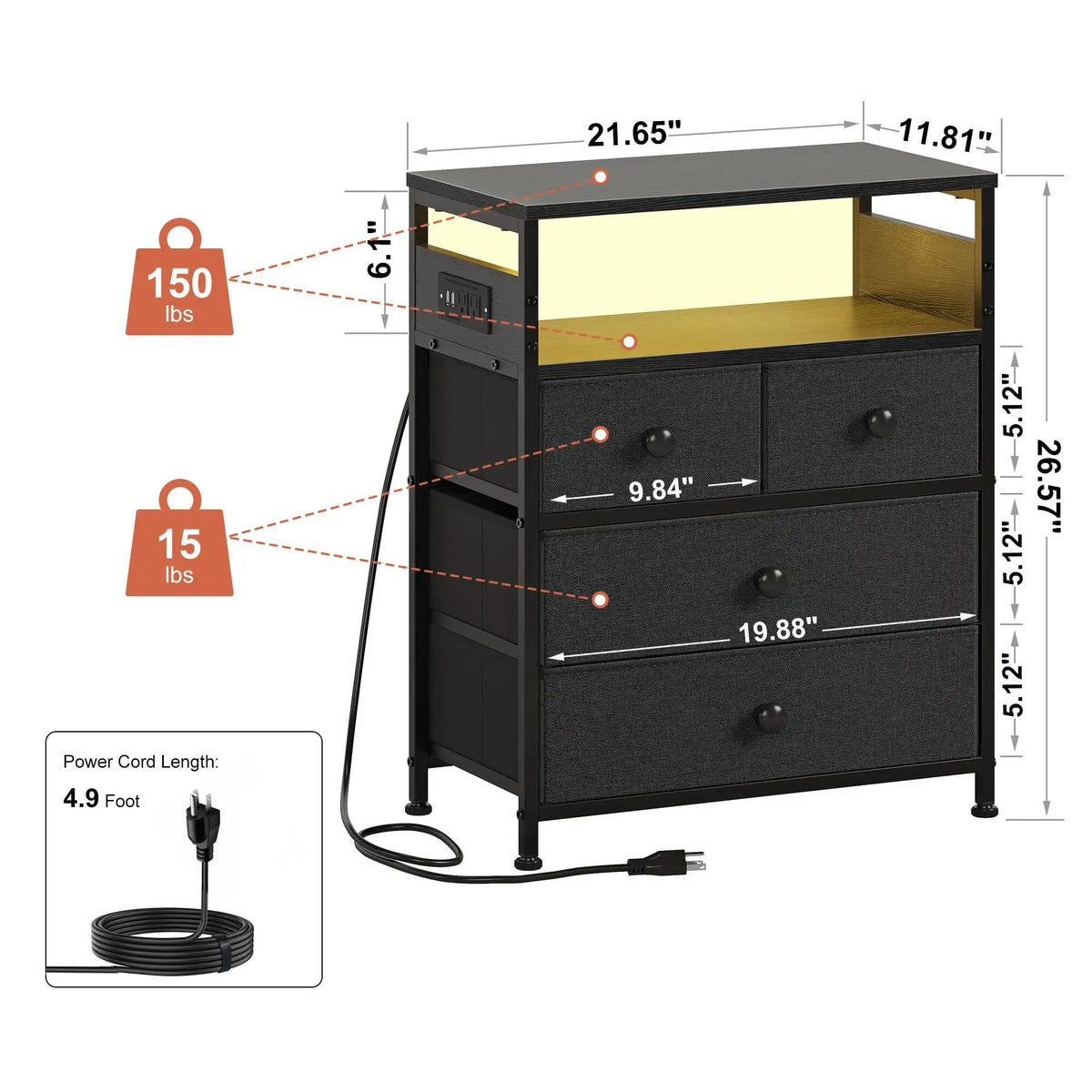 56cm LED Nightstand with 4 Fabric Drawers Charging Station Storage Shelf