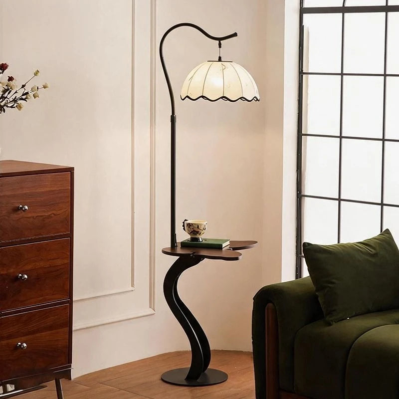 Mid Century Fabric Shade LED Shelf Floor Lamp Living Room
