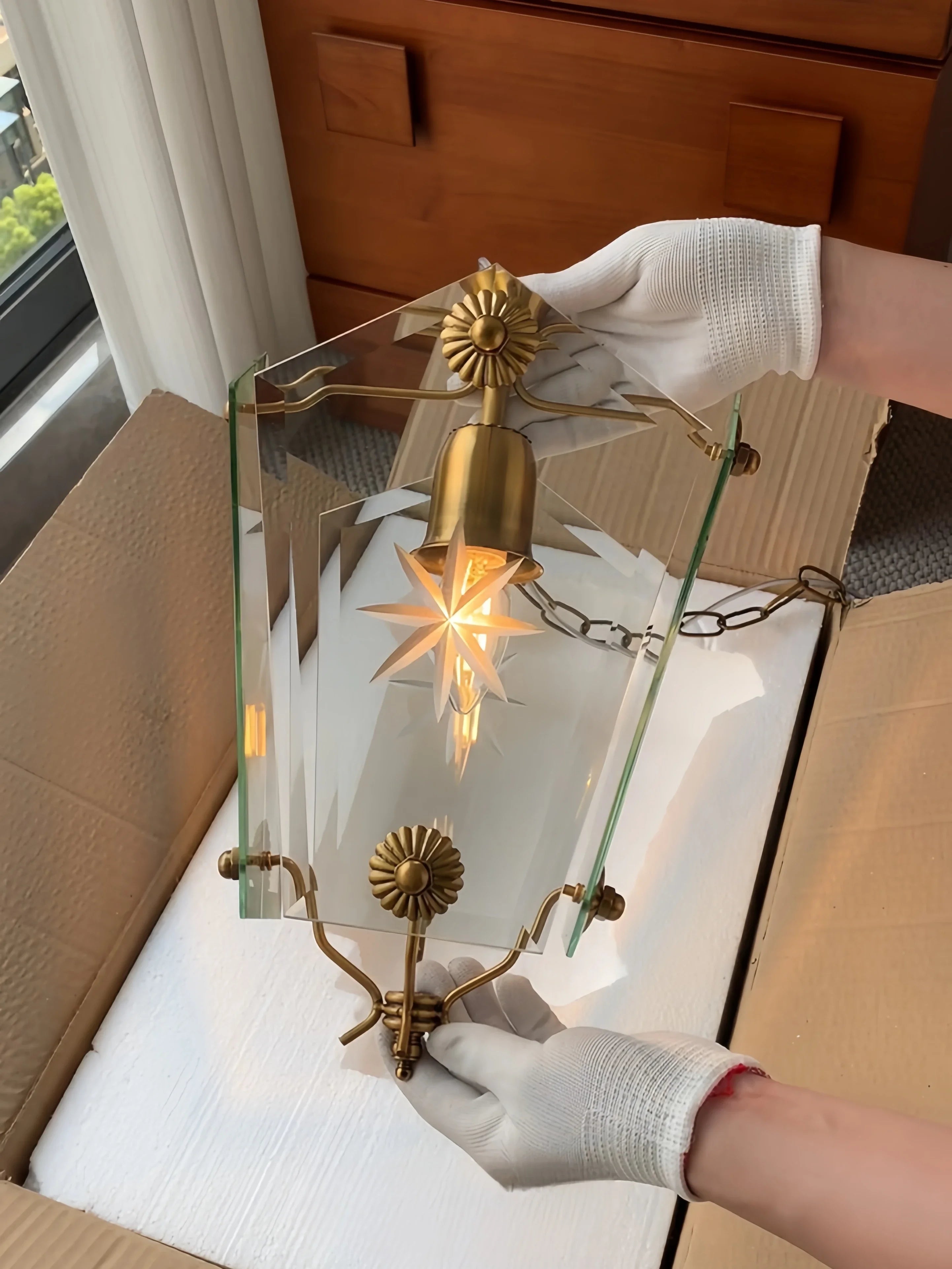French Vintage Copper Pendant Light Etched Glass Bedroom Dining Room