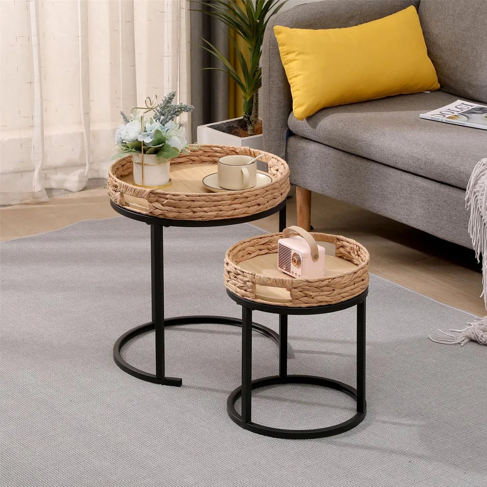 2-Piece Hand-Woven Rattan Nesting Tables Round Side Tables 40x46 cm