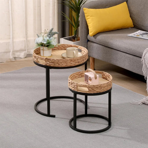 2-Piece Hand-Woven Rattan Nesting Tables Round Side Tables 40x46 cm