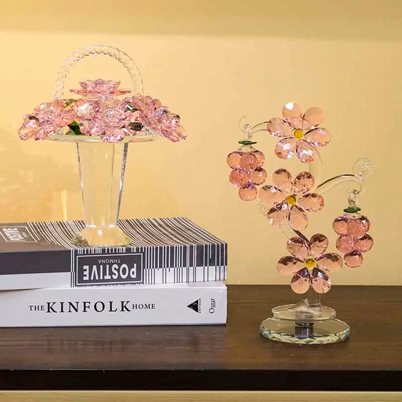 Modern Crystal Flower Basket Sculpture for Tabletop Decor