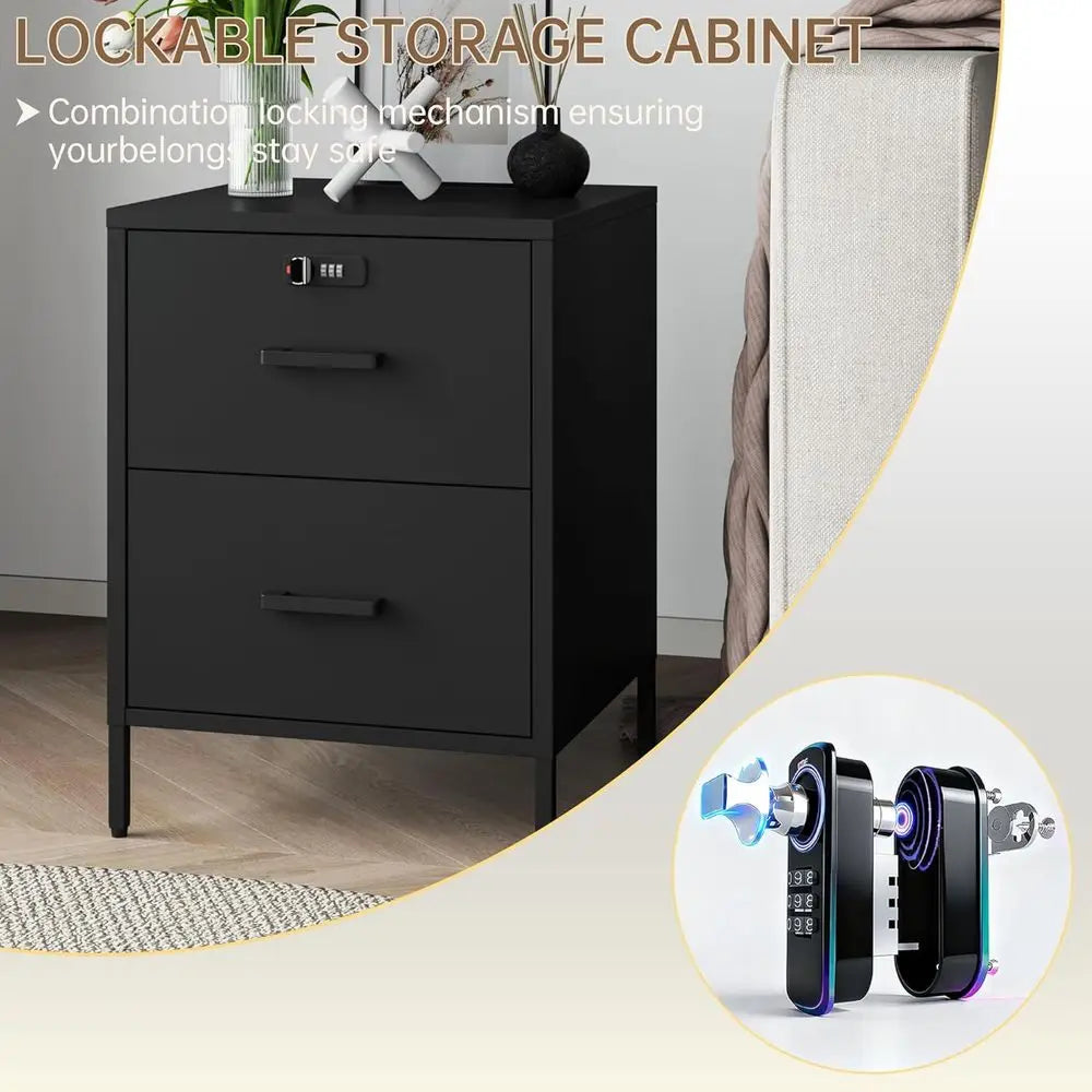 54cm Lockable Metal Nightstand with Storage Bedside Table End Table Black