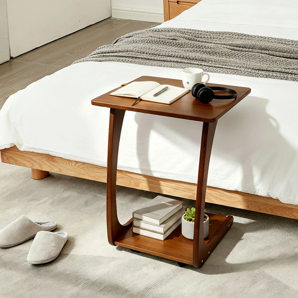 C-Shaped Rubber Wood End Table with Storage 40x46x63 cm Walnut