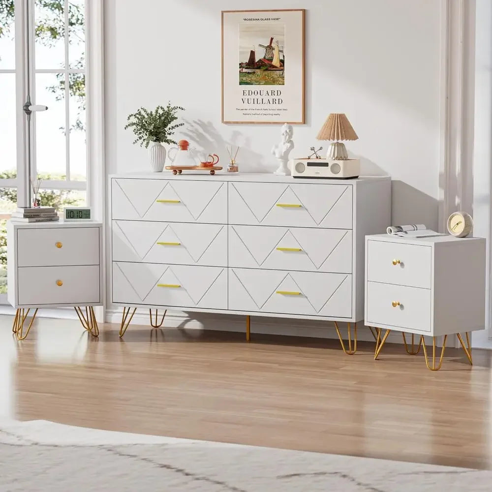Modern White 3-Piece Bedroom Set 6-Drawer Dresser with Nightstands
