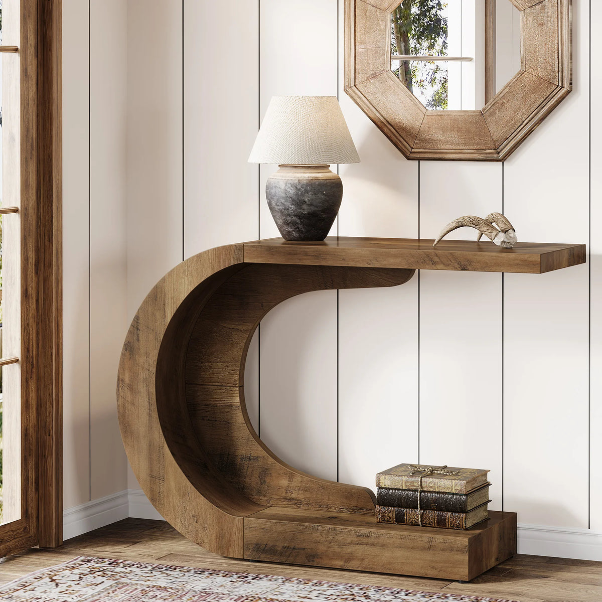 Modern 110 cm C-Shaped Console Table Entryway Sofa Table Behind Couch Living Room Hallway Brown