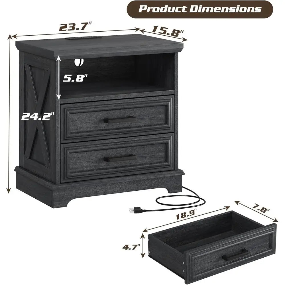 60cm Modern 2-Drawer Nightstand Wooden Bedside Table with Charging Station Gray