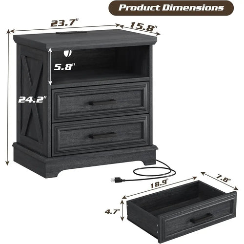 60cm Modern 2-Drawer Nightstand Wooden Bedside Table with Charging Station Gray