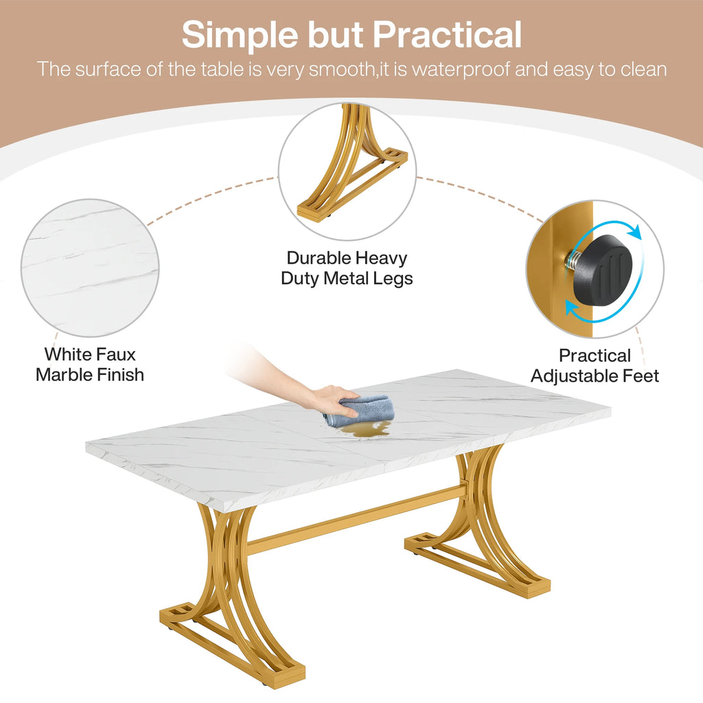 Modern Rectangular Dining Table with Faux Marble Top and Metal Base